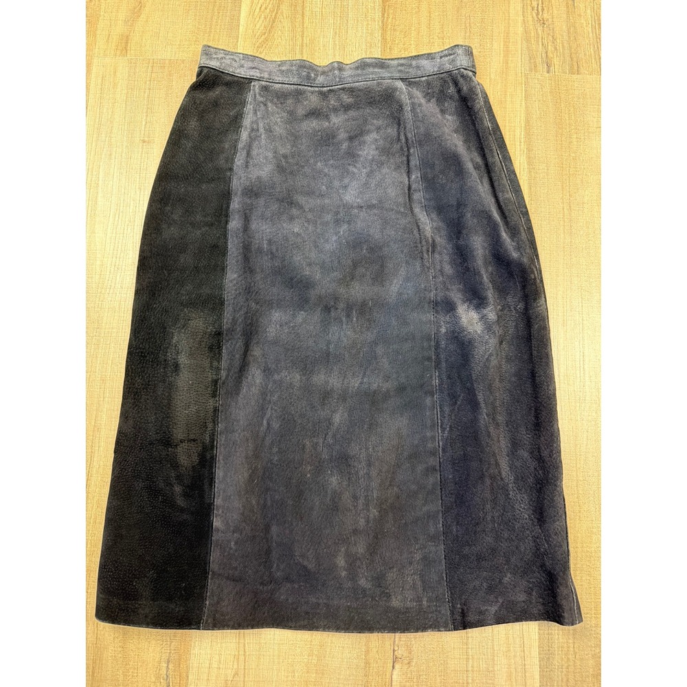 Vintage Bagatelle‎ Two Tone Suede Leather Midi Skirt Black Grey Paneled Size 8